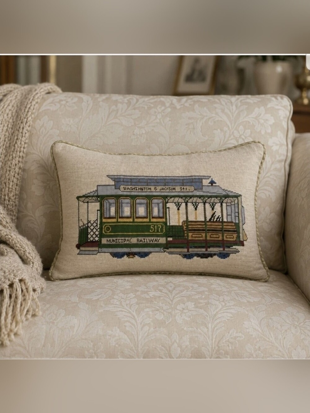 Vtg Handmade Needlepoint Pillow Cover San Francisco Municipal Railway Cable Car